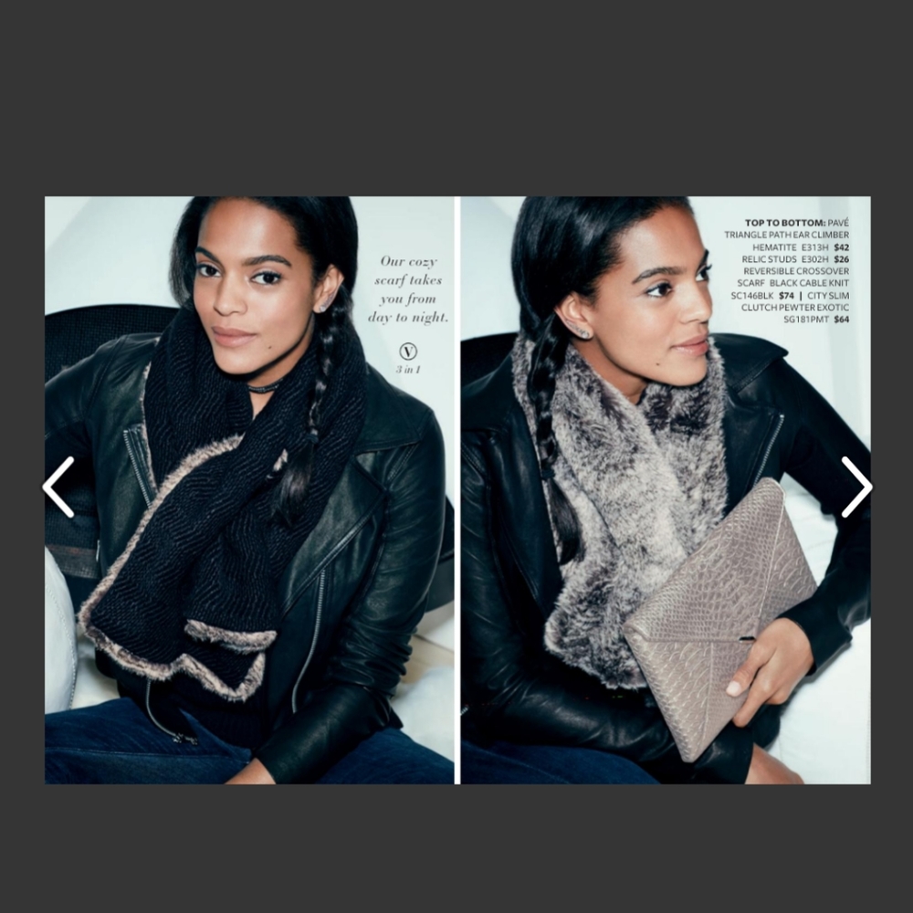 Stella Dot Reversible Crossover Scarf/Shawl - Black Cable Knit/Faux Fur